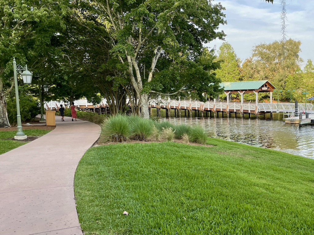 Walkway to Disney Springs with boat dock visible