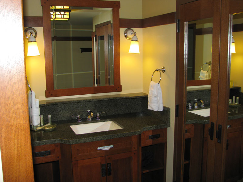 Bathroom vanity with closet on left